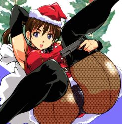 Rule 34 | 1girl, arm up, armpits, belt, black neckwear, black pantyhose, brown hair, buttons, christmas tree, commentary request, crotch seam, double-breasted, fishnet pantyhose, fishnets, gun, handgun, hat, high ponytail, kamisimo 90, kneepits, legs up, looking at viewer, lying, open mouth, original, panties, pantyhose, pistol, ponytail, purple eyes, purple panties, red skirt, red vest, sack, santa costume, santa hat, skirt, solo, thighhighs, underwear, vest, weapon