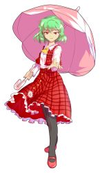 Rule 34 | 1girl, :d, alphes (style), ascot, bad id, bad pixiv id, black pantyhose, dairi, full body, green hair, highres, kazami yuuka, mary janes, open mouth, pantyhose, parasol, parody, plaid, plaid skirt, plaid vest, red eyes, shoes, short hair, skirt, smile, solo, style parody, touhou, transparent background, umbrella, vest