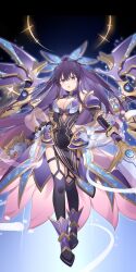Rule 34 | 1girl, armor, breasts, date a live, dress, high ponytail, highres, holding, holding sword, holding weapon, large breasts, long hair, mugen factory, purple eyes, purple footwear, purple hair, shoulder armor, solo, sword, very long hair, weapon, yatogami tooka