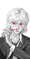 Rule 34 | 1boy, bad id, bad twitter id, blood, blood on face, blood on hands, closed mouth, collared shirt, formal, grey background, hunter x hunter, jacket, kurapika, lips, long sleeves, looking to the side, loose necktie, male focus, monochrome, necktie, nosebleed, red eyes, serious, shirt, short hair, simple background, sketch, solo, spot color, suit, umi (k mpk)