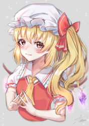 Rule 34 | 1girl, ascot, blonde hair, blurry, blush, bow, crystal, depth of field, fingers together, flandre scarlet, frilled shirt collar, frills, grey background, hat, highres, ice cream (aisu aisu 9898), looking at viewer, mob cap, puffy short sleeves, puffy sleeves, red eyes, red ribbon, red vest, ribbon, shirt, short sleeves, signature, smile, soft focus, solo, touhou, upper body, vest, wings