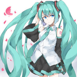 Rule 34 | 1girl, aqua hair, aqua necktie, arm behind back, artist request, bare shoulders, black skirt, blue eyes, cherry blossoms, closed mouth, collared shirt, commentary request, cowboy shot, detached sleeves, dress shirt, hair between eyes, hand in own hair, hatsune miku, long hair, necktie, number tattoo, pleated skirt, shirt, shoulder tattoo, skirt, sleeveless, sleeveless shirt, solo, tattoo, twintails, very long hair, vocaloid, white background, white shirt
