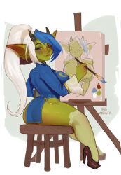 Rule 34 | 1girl, artist name, blue dress, blue hair, breasts, brown footwear, colored skin, dress, earrings, easel, female goblin, goblin, green skin, high heels, highres, holding, holding paintbrush, horns, jewelry, large breasts, large ears, long hair, looking at viewer, maewix (artist), multicolored hair, narrowed eyes, original, paintbrush, painting (object), pelvic curtain, pointy ears, ponytail, short dress, sitting, smile, solo, thick thighs, thighhighs, thighs, two-tone hair, white hair, white thighhighs, wooden stool
