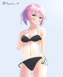 Rule 34 | 1girl, bikini, black bikini, blue eyes, breasts, cleavage, grey background, hand on own chest, kantai collection, looking at viewer, navel, pink hair, ponytail, shiranui (kancolle), short hair, side-tie bikini bottom, simple background, small breasts, solo, swimsuit, toyomi 13, twitter username