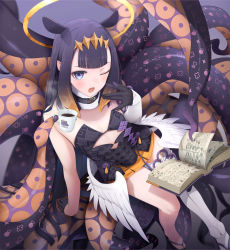 Rule 34 | 1girl, :o, ao-chan (ninomae ina&#039;nis), arm support, bare shoulders, black gloves, blue eyes, blunt bangs, blush, book, clover print, coffee, coffee mug, cup, cutout below navel, detached collar, detached sleeves, fang, feathered wings, fed (giba), flat chest, from above, fur collar, gem (symbol), geta, gloves, hair ornament, half gloves, halo, heart, heart print, highres, hololive, hololive english, long hair, looking at viewer, low wings, mole, mole under eye, mug, multicolored hair, ninomae ina&#039;nis, ninomae ina&#039;nis (1st costume), one eye closed, open book, open mouth, pleated skirt, purple background, simple background, single sleeve, single thighhigh, sitting, skirt, solo, teeth, tentacles, thighhighs, toeless footwear, two-tone hair, upper teeth only, virtual youtuber, voynich manuscript, white thighhighs, wings, yawning, yellow skirt