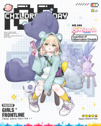 Rule 34 | 1girl, aged down, animal ear hood, animal ears, ball, bandaid, bandaid on knee, bandaid on leg, battery indicator, bear ears, beretta px4 storm, between legs, blonde hair, blue hoodie, blush, character name, children&#039;s day, clover, company name, copyright name, drawstring, fake animal ears, four-leaf clover, full body, girls&#039; frontline, green eyes, grid background, gun, hair between eyes, hand between legs, handgun, highres, holding, holding gun, holding weapon, hood, hoodie, long sleeves, looking at viewer, medium hair, official alternate costume, official art, on stool, planet, plant, potted plant, purple bag, px4 storm (girls&#039; frontline), px4 storm (guardian of hibernation dreams) (girls&#039; frontline), rainli, second-party source, shirt, shoes, sitting, sleeves past wrists, sneakers, soccer ball, socks, solo, star (symbol), stool, stuffed animal, stuffed rabbit, stuffed toy, teddy bear, tongue, tongue out, trigger discipline, weapon, white footwear, white shirt, yellow socks