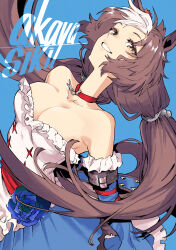 Rule 34 | 1girl, absurdres, akaya shiki, blue background, blue skirt, breasts, brown hair, choker, cleavage, commentary request, detached sleeves, grin, highres, large breasts, long hair, long sleeves, looking at viewer, multicolored hair, red choker, shirt, skirt, smile, solo, strapless, strapless shirt, two-tone hair, umamusume, upper body, very long hair, white hair, white shirt, yamanin zephyr (umamusume), yellow eyes