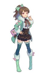 Rule 34 | 1girl, bag, boots, brown hair, coat, finger to mouth, frilled legwear, frills, full body, fur-trimmed boots, fur trim, green footwear, grin, hand on own hip, handbag, highres, jewelry, kaitou savory, long hair, long sleeves, looking at viewer, mizuto umi (blue monday), mizutoumi (graphic loops), official art, ponytail, red eyes, ring, simple background, skirt, smile, solo, standing, toys drive, white background