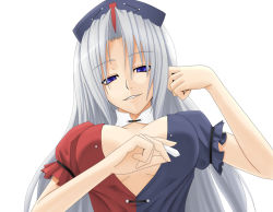 Rule 34 | 1girl, akitsuki karasu, blouse, breasts, breasts apart, cleavage, female focus, hat, no bra, open clothes, open shirt, shirt, silver hair, simple background, solo, suppository, touhou, upper body, white background, yagokoro eirin