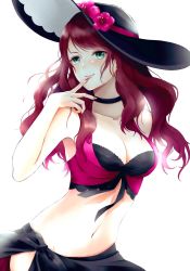 Rule 34 | 1girl, aplche, breasts, brown hair, choker, cleavage, closed mouth, dorothea arnault, earrings, fire emblem, fire emblem: three houses, fire emblem heroes, flower, green eyes, hat, hat flower, highres, jewelry, large breasts, long hair, nail polish, navel, nintendo, simple background, smile, solo, swimsuit, white background
