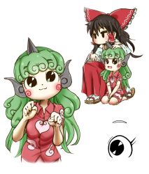 Rule 34 | 2girls, :3, black eyes, blush, bow, brown hair, chamaji, cloud print, commentary request, detached sleeves, frills, geta, green hair, hair between eyes, hair bow, hair tubes, hakurei reimu, hand on another&#039;s head, heart, highres, horns, japanese clothes, jitome, kariyushi shirt, komano aunn, long hair, multiple girls, nontraditional miko, on one knee, open mouth, sandals, seiza, shorts, simple background, single horn, sitting, solid oval eyes, swirl, tabi, touhou, white background