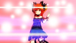 Rule 34 | 1girl, animal ears, cat ears, cat tail, collar, cosplay, hair ribbon, heart, hecatia lapislazuli, hecatia lapislazuli (cosplay), highres, kaenbyou rin, leg ribbon, lens flare, lens flare abuse, light rays, light smile, long hair, looking at viewer, multiple tails, off-shoulder shirt, off shoulder, red eyes, red hair, ribbon, shirt, skirt, solo, tail, touhou, twintails, two tails, wrist cuffs, zextillion