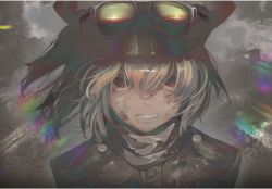 Rule 34 | 1girl, 22kyun2, blonde hair, blood, blood on face, buttons, clenched teeth, dark background, dirty, dirty face, goggles, goggles on head, hat, looking at viewer, military, military hat, military uniform, red eyes, short hair, solo, tanya degurechaff, teeth, uniform, upper body, youjo senki