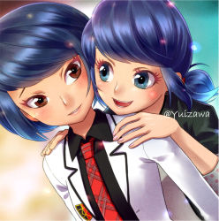 Rule 34 | 2girls, artist name, bad id, bad pixiv id, blazer, blue eyes, blue hair, blush, brown eyes, earrings, hands on another&#039;s shoulders, jacket, jewelry, kagami tsurugi, marinette dupain-cheng, medium hair, miraculous ladybug, multiple girls, necktie, open mouth, short hair, short twintails, smile, twintails, twitter username, yuizawa