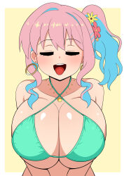Rule 34 | 1girl, absurdres, bikini, blue hair, breasts, breasts squeezed together, cleavage, closed eyes, collarbone, earrings, flower, gradient hair, green bikini, hair flower, hair ornament, highres, hoop earrings, hozuki kaede, huge breasts, jewelry, multicolored hair, onii-chan wa oshimai!, open mouth, pink hair, short hair with long locks, side ponytail, sidelocks, simple background, swimsuit, the only shoe, tongue, tongue out, underboob, yellow background