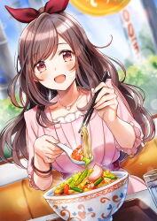 Rule 34 | 1girl, :d, blurry, blurry background, blush, bow, bowl, bracelet, brown eyes, brown hair, chopsticks, collarbone, dress, dutch angle, hair bow, heart, heart necklace, highres, holding, holding chopsticks, idolmaster, idolmaster shiny colors, jewelry, long hair, looking at viewer, necklace, open mouth, pink dress, red bow, shinishi chiho, smile, solo, sparkle, swept bangs, tsukioka kogane, very long hair