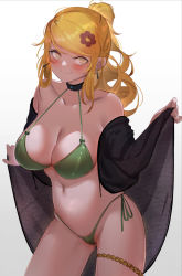 Rule 34 | 1girl, at2., bikini, blonde hair, blush, breasts, cameltoe, cleavage, closed mouth, contrapposto, cowboy shot, earrings, glint, gradient background, green bikini, hair ornament, highleg, highleg bikini, highres, jacket, jewelry, large breasts, long hair, navel, open clothes, open jacket, original, ponytail, side-tie bikini bottom, sidelocks, simple background, smile, solo, swimsuit, thighlet, yellow eyes
