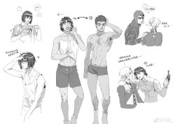 Rule 34 | 3upin, 4boys, armpit hair, blue eyes, boxer briefs, boxers, braid, braided ponytail, bruno bucciarati, chest hair, chinese text, closed eyes, covering own mouth, giorno giovanna, guido mista, gun, hair ornament, hand on head, hand on shoulder, hand over own mouth, hat, jojo no kimyou na bouken, leg hair, lingerie, looking down, male underwear, messy hair, monochrome, multiple boys, necktie, open mouth, pannacotta fugo, ponytail, shirt, sleeveless, sleeveless shirt, socks, speech bubble, translation request, underwear, weapon, yawning, zipper