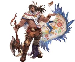 Rule 34 | 10s, 1boy, abs, axe, belt, bird, boots, brown eyes, brown hair, cape, circlet, dark skin, dark-skinned male, eso (granblue fantasy), facial mark, feathers, full body, granblue fantasy, jewelry, long hair, male focus, matching hair/eyes, minaba hideo, necklace, official art, topless male, solo, transparent background, weapon