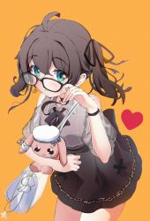 Rule 34 | 1girl, absurdres, ahoge, bag, beret, black-framed eyewear, black ribbon, black skirt, blush, brown hair, closed mouth, clothing cutout, commentary request, glasses, green eyes, grey shirt, hair between eyes, hair ribbon, hand up, hat, heart, highres, hololive, huge filesize, hugging object, leaning forward, natsuiro matsuri, natsuiro matsuri (casual), orange background, puffy short sleeves, puffy sleeves, ribbon, sasatabekung, shirt, short sleeves, shoulder bag, shoulder cutout, simple background, skirt, smile, solo, standing, stuffed animal, stuffed toy, twintails, virtual youtuber, white hat