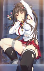 Rule 34 | 10s, 1girl, black thighhighs, blush, breasts, brown eyes, brown hair, cherry blossoms, covering own mouth, detached sleeves, flower, hair flower, hair ornament, homu (seven deadly sins), kantai collection, large breasts, long hair, looking at viewer, miniskirt, panties, ponytail, skirt, solo, thighhighs, torn clothes, torn thighhighs, underwear, white panties, yamato (kancolle)