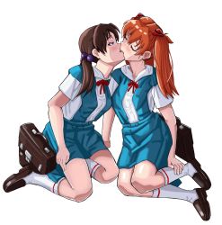 Rule 34 | 2girls, artist request, bag, blue eyes, blush, breasts, brown hair, embarrassed, freckles, french kiss, full body, hair bobbles, hair ornament, highres, horaki hikari, kiss, kneeling, lips, long hair, looking at another, low twintails, medium breasts, multiple girls, neon genesis evangelion, open mouth, school bag, school uniform, simple background, sitting, skirt, souryuu asuka langley, tokyo-3 middle school uniform, twintails, two side up, white background, yuri