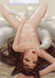 Rule 34 | 1girl, ahri (league of legends), alternate breast size, animal ears, arm up, bed, black hair, blush, breasts, doyora, facial mark, fang, female masturbation, fingering, fox ears, fox tail, indoors, league of legends, long hair, looking at viewer, lying, masturbation, multiple tails, nipples, nude, on back, open mouth, panties, panties around leg, pussy, pussy juice, pussy juice trail, slit pupils, small breasts, solo, spread legs, sweat, tail, underwear, upside-down, whisker markings, yellow eyes