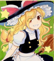 Rule 34 | 1girl, apron, black hat, black skirt, black vest, blonde hair, bow, broom, broom riding, buttons, commentary request, ekisutora, green background, grin, hair bow, hair over one eye, hat, hat bow, highres, kirisame marisa, long hair, puffy short sleeves, puffy sleeves, red eyes, shirt, short sleeves, simple background, skirt, skirt set, smile, solo, star (symbol), touhou, traditional media, turtleneck, unfinished dream of all living ghost, vest, waist apron, white apron, white bow, white shirt, witch hat