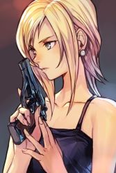 Rule 34 | 1girl, aya brea, bare shoulders, black background, black dress, blonde hair, blue eyes, collarbone, dress, earrings, gradient background, gun, handgun, hungry clicker, jewelry, lips, long hair, parasite eve, parted lips, pistol, red background, solo, trigger discipline, weapon