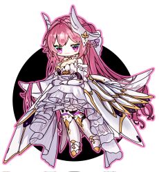 Rule 34 | 1girl, armor, armored boots, armored dress, bisaytin, boots, bracer, chibi, detached sleeves, detached wings, dorothy (nikke), dress, full body, goddess of victory: nikke, headgear, highres, long hair, looking at viewer, mechanical wings, pink eyes, pink hair, solo, white dress, wings