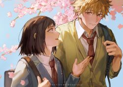 Rule 34 | 1boy, 1girl, artist name, backpack, bag, bishounen, blazer, blonde hair, blue background, blue jacket, bob cut, brown hair, cardigan, cherry blossoms, collared shirt, day, from side, hair ornament, hairpin, hand up, highres, holding, holding bag, iwakura mitsumi, jacket, looking at another, messy hair, necktie, open mouth, oretsuu, outdoors, red necktie, school uniform, shima sousuke, shirt, short hair, simple background, skip to loafer, smile, twitter username, upper body, watermark, white shirt, yellow cardigan, yellow eyes