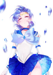 Rule 34 | 1girl, bad id, bad pixiv id, bishoujo senshi sailor moon, blue bow, blue hair, blue sailor collar, blue skirt, bow, choker, circlet, clothes lift, earrings, elbow gloves, floating hair, gloves, half-closed eyes, jewelry, mizuno ami, motion blur, parted lips, pleated skirt, sagold, sailor collar, sailor mercury, short hair, skirt, skirt lift, solo, stud earrings, water drop, white background, white gloves, wind