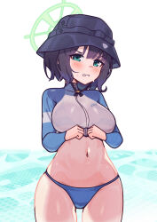 Rule 34 | 1girl, absurdres, ancortsu, black hat, blue archive, breasts, commentary, cowboy shot, english commentary, green eyes, green halo, halo, hat, highres, large breasts, long sleeves, looking at viewer, navel, official alternate costume, purple hair, raglan sleeves, rash guard, saki (blue archive), saki (swimsuit) (blue archive), short hair, solo