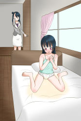 Rule 34 | 2girls, bare legs, barefoot, bed, bedwetting, blue hair, blunt bangs, blush, camisole, curtains, diaper, embarrassed, female focus, hair bun, highres, indoors, lemonade (lemon ade115), long hair, love live!, love live! school idol project, love live! sunshine!!, multiple girls, on bed, open mouth, panties, pee stain, pillow, pink eyes, pull-up diaper, shiny skin, side bun, single hair bun, sitting, speech bubble, tearing up, toes, tsushima yoshiko, tsushima yoshiko&#039;s mother, underwear, wariza, wet, wet clothes, wet diaper, white panties, window, wooden floor