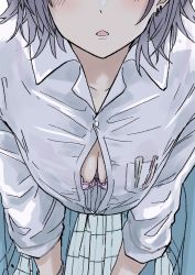 Rule 34 | 1girl, asakura toru, bra, breasts, button gap, cleavage, clothes around waist, collared shirt, commentary, downblouse, earrings, ebifryman, grey hair, head out of frame, highres, idolmaster, idolmaster shiny colors, jacket, jacket around waist, jewelry, leaning forward, open mouth, pink bra, school uniform, shirt, short hair, skirt, small breasts, solo, underwear
