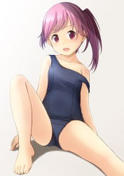 Rule 34 | 1girl, :d, bare arms, bare legs, bare shoulders, barefoot, black one-piece swimsuit, collarbone, commentary request, grey background, highres, knee up, looking at viewer, old school swimsuit, one-piece swimsuit, open mouth, original, purple hair, red hair, school swimsuit, shadow, shibacha, side ponytail, sitting, smile, solo, strap slip, swimsuit
