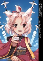 Rule 34 | 1girl, aircraft, airplane, animal ears, azur lane, blush, brown eyes, cloud, cloudy sky, copyright name, day, english text, eyeshadow, fang, folding fan, foreshortening, hair ribbon, hand fan, japanese clothes, kimono, looking at viewer, makeup, obi, ocean, open mouth, outdoors, parted bangs, red kimono, ribbon, sash, short hair, shouhou (azur lane), silver hair, sky, smile, solo, topknow, upper body, wantan meo, wide sleeves, wind