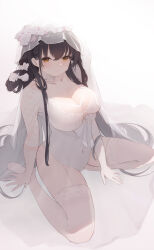 Rule 34 | 1girl, absurdres, azuma (azur lane), azuma (lily-white longing) (azur lane), azur lane, black hair, bow, breasts, bridal veil, bride, cleavage, closed mouth, collarbone, commentary request, covered navel, dress, hair bow, highres, lace leotard, large breasts, long hair, looking ahead, see-through, see-through dress, see-through sleeves, simple background, sitting, smile, solo, thighhighs, veil, wariza, wedding dress, white background, white bow, white thighhighs, white veil, xifanqvq, yellow eyes
