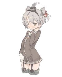 Rule 34 | 10s, 1girl, alternate hair length, alternate hairstyle, amatsukaze (kancolle), black hat, blade (galaxist), brown eyes, brown shirt, closed mouth, cowboy shot, cropped legs, garter straps, gloves, hair tubes, hairband, hand on neck, hat, kantai collection, long sleeves, looking at viewer, mini hat, no pants, sailor collar, shirt, short hair, silver hair, single glove, smoke, solo, standing, thigh strap, thighhighs, two side up, white gloves
