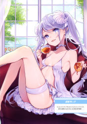 Rule 34 | 1girl, absurdres, babydoll, bacon, bow, breasts, collarbone, cup, day, egg (food), fang, food, fried egg, fruit, hair bow, hair ribbon, highres, holding, holding cup, holding food, horns, indoors, jam, lake, long hair, open mouth, orange (fruit), orange slice, original, plate, pointy ears, purple eyes, purple hair, ribbon, scan, sitting, small breasts, smile, solo, strawberry, thigh strap, thighs, tree, twintails, very long hair, window, yukimiya yuge