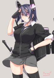 Rule 34 | 10s, 1girl, :d, breasts, eyepatch, female focus, fingerless gloves, gloves, kantai collection, kichihachi, large breasts, necktie, open mouth, purple hair, salute, short hair, simple background, smile, solo, sword, tenryuu (kancolle), thighhighs, thighs, twitter username, weapon, wind, wind lift, yellow eyes