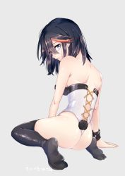 Rule 34 | 10s, 1girl, 320 (romsen), arm support, ass, back, bad id, bad pixiv id, bare arms, bare back, black hair, black thighhighs, blue eyes, breasts, corset, grey background, hair between eyes, kill la kill, legs, lingerie, looking at viewer, looking back, matoi ryuuko, multicolored hair, red hair, short hair, simple background, sitting, solo, strapless, thighhighs, two-tone hair, underwear, wrist cuffs