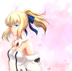 Rule 34 | 1girl, ahoge, armpit peek, artoria pendragon (fate), bare shoulders, blonde hair, breasts, cleavage, detached collar, detached sleeves, fate/stay night, fate/unlimited codes, fate (series), green eyes, highres, jkliew92, looking at viewer, parted lips, petals, pink background, ponytail, saber (fate), saber lily, sideboob, solo