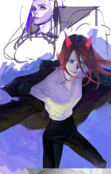 Rule 34 | 2girls, black coat, black pants, blue background, breasts, chainsaw man, character request, coat, dressing, fj wu cheng&#039;en, green eyes, highres, horns, long hair, long sleeves, looking at viewer, medium breasts, multiple girls, pants, power (chainsaw man), red hair, red horns, red lips, shirt, sketch, smile, white shirt