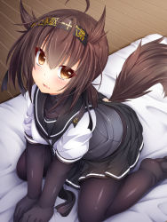 Rule 34 | 10s, 1girl, absurdres, ahoge, anal, anal object insertion, anal tail, anchor symbol, ass cutout, black gloves, black pantyhose, black skirt, blush, bodysuit, brown hair, butt crack, butt plug, clothes writing, clothing cutout, fake tail, fang, futon, gloves, hachimaki, hair between eyes, hair flaps, hairband, hatsuzuki (kancolle), headband, highres, kantai collection, kemonomimi mode, looking at viewer, miniskirt, neckerchief, no shoes, object insertion, open mouth, pantyhose, pleated skirt, school uniform, serafuku, sex toy, short hair, sitting, skirt, solo, tail, tears, v arms, wakagi repa, wariza, wolf tail, wooden floor, yellow eyes