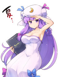 Rule 34 | 1girl, armpits, bare shoulders, book, bow, breasts, cleavage, crescent, hat, kiku hitomoji, large breasts, long hair, looking at viewer, off shoulder, patchouli knowledge, purple eyes, purple hair, simple background, solo, touhou, white background