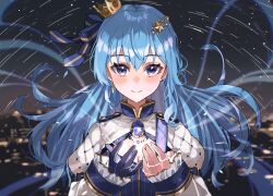Rule 34 | 1girl, blue dress, blue eyes, blue gloves, blue hair, blush, crown, dress, earrings, gloves, hair ornament, haru yu, highres, hololive, hoshimachi suisei, hoshimachi suisei (stellar into the galaxy), jewelry, long hair, official alternate costume, single glove, smile, solo, virtual youtuber
