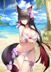 Rule 34 | 1girl, 24sui, absurdres, animal ear fluff, animal ears, beach, bikini, black hair, blue archive, blush, breasts, cleavage, cloud, cloudy sky, colored inner hair, commentary request, crossed arms, flower, fox ears, fox tail, hair flower, hair ornament, highres, large breasts, long hair, looking at viewer, multicolored hair, navel, nipple slip, nipples, ocean, official alternate costume, outdoors, red hair, sand, sky, solo, standing, swimsuit, tail, thigh strap, tree, very long hair, wakamo (blue archive), wakamo (swimsuit) (blue archive), yellow eyes
