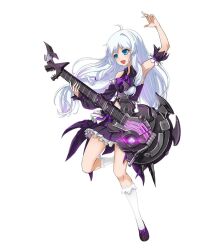 Rule 34 | 1girl, ahoge, asymmetrical sleeves, bare shoulders, blue eyes, bow, bowtie, detached sleeves, electric guitar, frilled skirt, frills, guitar, instrument, kneehighs, long hair, low-tied long hair, miniskirt, official art, open mouth, purple bow, purple bowtie, purple shirt, purple skirt, shirt, simple background, skirt, sleeveless, sleeveless shirt, socks, soulworker, stella unibell, uneven sleeves, white hair