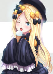 Rule 34 | 1girl, abigail williams (fate), black bow, black dress, black hat, blonde hair, blue eyes, blush, bow, breasts, dress, fate/grand order, fate (series), food, forehead, hat, highres, ice cream, ice cream cone, licking, long hair, long sleeves, looking at viewer, multiple bows, one eye closed, open mouth, orange bow, parted bangs, revision, ribbed dress, shirokuro (monochrome0226), sleeves past fingers, sleeves past wrists, solo, tongue, tongue out